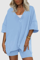 Light Blue Casual Solid Basic V Neck Short Sleeve Two Pieces