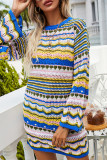 Green Casual Striped Patchwork O Neck Long Sleeve Dresses