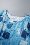 Hemelsblauw Casual print Patchwork O-hals Lange mouw Grote maten jurken