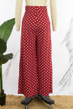 Rote, lässige Street-Dot-Print-Patchwork-Taschenfalte, gerade, hohe Taille, weites Bein, voll bedruckte Hose