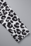 Robes décontractées blanches à manches longues et col en V avec patchwork léopard imprimé