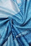 Azul celeste casual estampado patchwork gola redonda manga comprida vestidos plus size