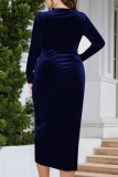 ブルー カジュアル ソリッド パッチワーク Vネック ロングスリーブ プラスサイズ ドレス