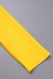 Amarelo Elegante Bloco Cor Sólida Patchwork Contraste Zíper O Neck Vestidos Saia Envolto