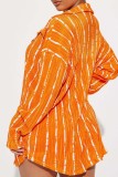Orange décontracté rayé imprimé basique col de chemise manches longues deux pièces