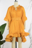 Yellow Casual Solid Patchwork Flounce O Neck A Line Dresses