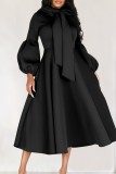 Black Casual Solid With Bow Half A Turtleneck Long Sleeve Dresses