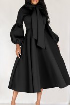ブラックカジュアルソリッドリボン付きハーフタートルネック長袖ドレス