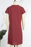 Red Casual Solid Basic V Neck Short Sleeve Dress