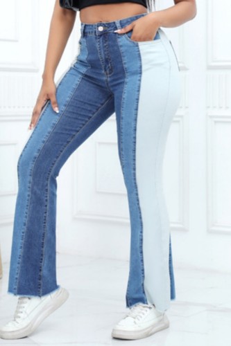 Jeans skinny in denim a vita alta a contrasto patchwork casual blu (soggetti all'oggetto reale)