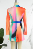 カラーカジュアルプリントパッチワークボタンベルト付きターンバックカラースーツドレスドレス