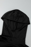 Schwarze, lässige, solide Patchwork-Kleider mit Kapuze und einstufigem Rock