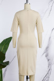 Caqui Elegante Sólido Patchwork Frenulum Metal Accesorios Decoración Hendidura V Cuello Envuelto Falda Vestidos