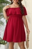 Vestido vermelho casual sólido patchwork com decote em O manga curta vestidos plus size