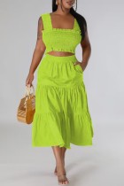 Fluorescent Green Sexy Casual Solid Backless Square Collar Sleeveless Two Pieces