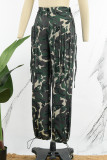 Camouflage Street Camouflage-Druck mit Quasten, Kordelzug, Tasche, normale mittlere Taille, gerade, voll bedruckte Hose