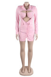 Vestidos asimétricos con escote en V y perforación en caliente de patchwork elegante de fiesta sexy rosa
