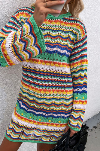 Green Casual Striped Patchwork O Neck Long Sleeve Dresses