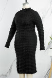 Черные повседневные однотонные базовые платья больших размеров с воротником до половины и длинным рукавом