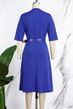 Königsblaues, elegantes, solides Patchwork-Kleid mit Schnalle und V-Ausschnitt in A-Linie (mit Gürtel)