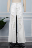 Branco casual sólido rasgado patchwork cintura média jeans regular (sujeito ao objeto real)