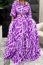 Purple Casual Print Patchwork O Neck Half Sleeve Two Pieces