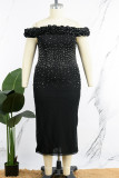 Schwarze, elegante, einfarbige Patchwork-Hot Drill-Kleider mit fadenförmiger Selvedge, schulterfreiem, gewickeltem Rock und Übergrößenkleidern