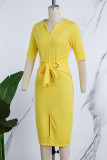 Желтые элегантные однотонные лоскутные уздечки, металлические аксессуары, украшения, разрез, V-образный вырез, обернутые юбки, платья