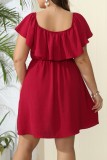 Vestido de manga corta con cuello redondo y estampado liso informal rojo Vestidos de talla grande