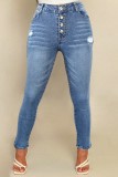 Azul profundo casual sólido rasgado botões cintura alta jeans skinny