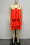 Red Casual Sweet Daily Simplicity Flounce Solid Color Halter Sleeveless Two Pieces