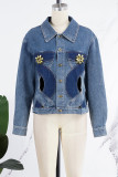 ブルーカジュアルカラーの塊固体中空ボタンメタルアクセサリー装飾ターンダウン襟長袖レギュラーデニムジャケット