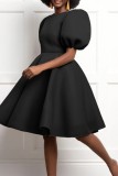 Black Casual Solid Patchwork O Neck A Line Short Sleeve Dress