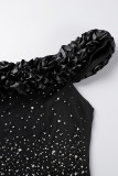 Negro Elegante Sólido Patchwork Hot Drill Stringy Selvedge Fuera del hombro Falda envuelta Vestidos de talla grande