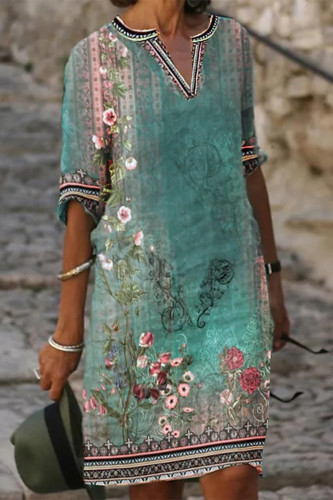 Green Casual Bohemian Print O Neck Short Sleeve Dress Dresses