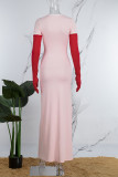 Rosafarbene, lässige, einfarbige, langärmlige Kleider mit Patchwork-Kontrast und O-Ausschnitt