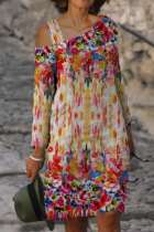 Veelkleurige casual print-jurken met schuine kraag en patchwork