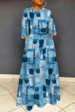 Blue Casual Print Patchwork O Neck Long Sleeve Plus Size Dresses