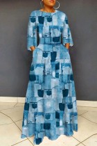 Himmelblaues, lässiges, bedrucktes, Patchwork-Kleid mit O-Ausschnitt und langen Ärmeln in Übergröße