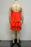 Tangerine Red Casual Sweet Daily Simplicity Flounce Solid Color Halter Sleeveless Two Pieces