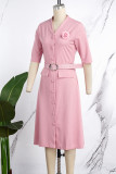 Розовые элегантные однотонные лоскутные платья трапециевидной формы с пряжкой и V-образным вырезом (с поясом)
