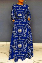 Vestidos de retalhos azuis com estampa casual decote oco manga longa plus size