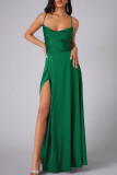 Vert Sexy décontracté solide dos nu bretelles croisées fente Spaghetti sangle longue robe robes