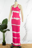 Розово-красное сексуальное повседневное длинное платье с принтом и открытой спиной на тонких бретелях