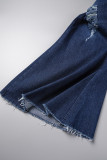 Темно-синие повседневные однотонные рваные джинсы в стиле пэчворк больших размеров