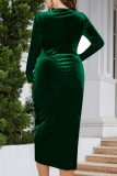Зеленые повседневные однотонные пэчворк V-образный вырез с длинным рукавом Платья больших размеров