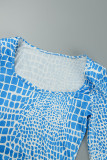 Blauwe sexy print patchwork vierkante kraag eenstaps rokjurken