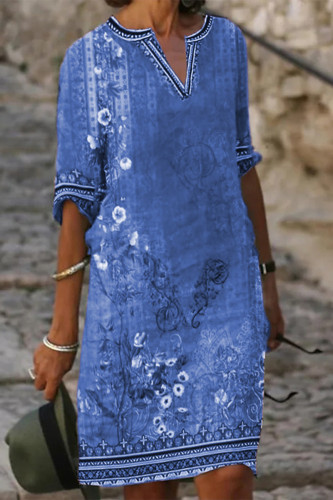 Blue Casual Bohemian Print O Neck Short Sleeve Dress Dresses