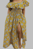 Amarelo casual trabalho elegante impressão mista ponto leopardo retalhos impressão fora do ombro cintura vestidos de saia