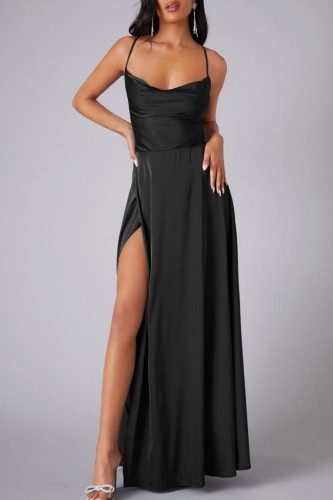 Schwarzes, sexy, lässiges, solides, rückenfreies, gekreuztes Trägerkleid, langes Kleid mit Schlitz und Spaghettiträger